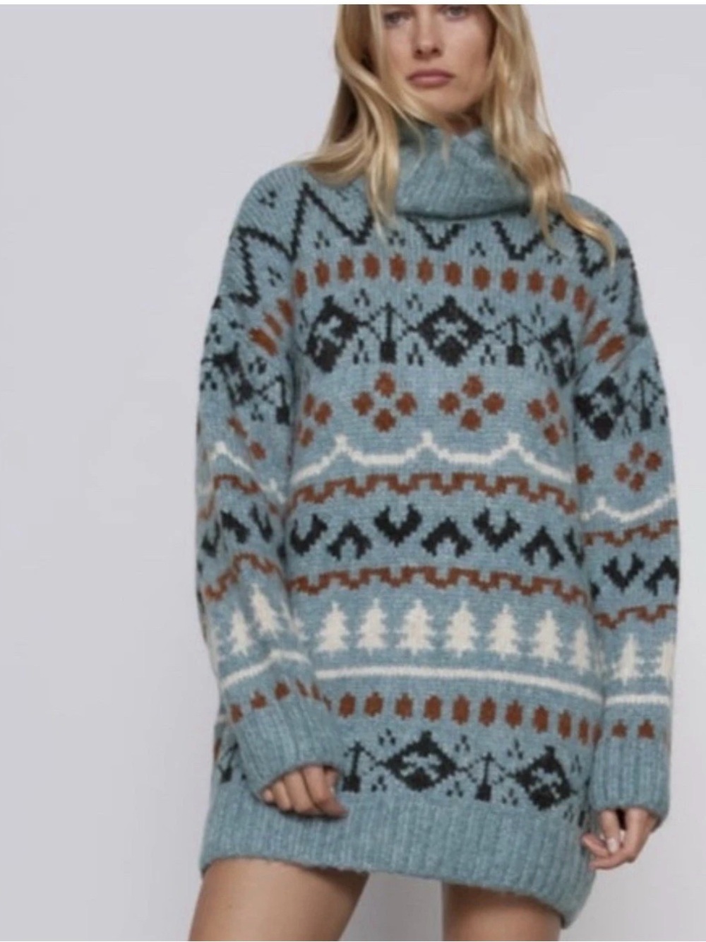 Zara Blue Fair Isle Turtleneck Sweater Dress with Brown & Cream Accents